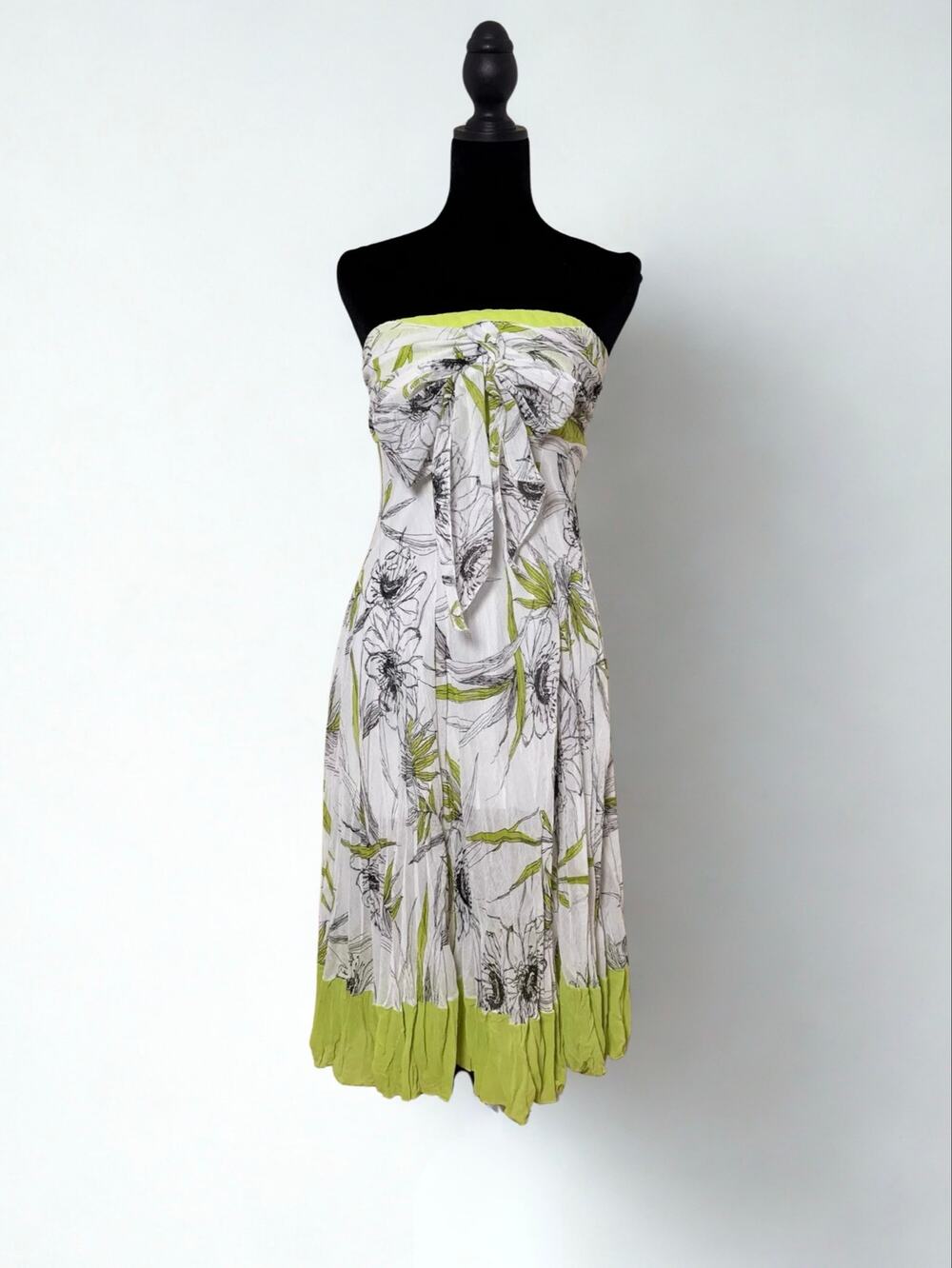 Vtg Y2K Groovy Lime Green White Silk Overlayer Black Line Art Tie Front Dress